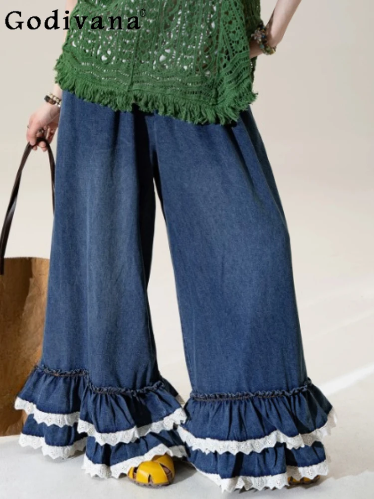 Spring Summer New Sweet Age-reducing Loose Blue Lace Jeans Women Fashion Splicing Versatile Elastic Waist Leisure Wide-leg Pants
Spring Summer New Sweet Age-reducing Loose Blue Lace Jeans Women Fashion Splicing Versatile Elastic Waist Leisure Wide-leg Pants