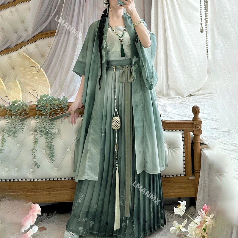 Summer New Hanfu Long Coat&strap&skirt Green New Chinese Style Hanfu Dress Women Elegant Han Clothes Flower Print Costumes
Summer New Hanfu Long Coat&strap&skirt Green New Chinese Style Hanfu Dress Women Elegant Han Clothes Flower Print Costumes