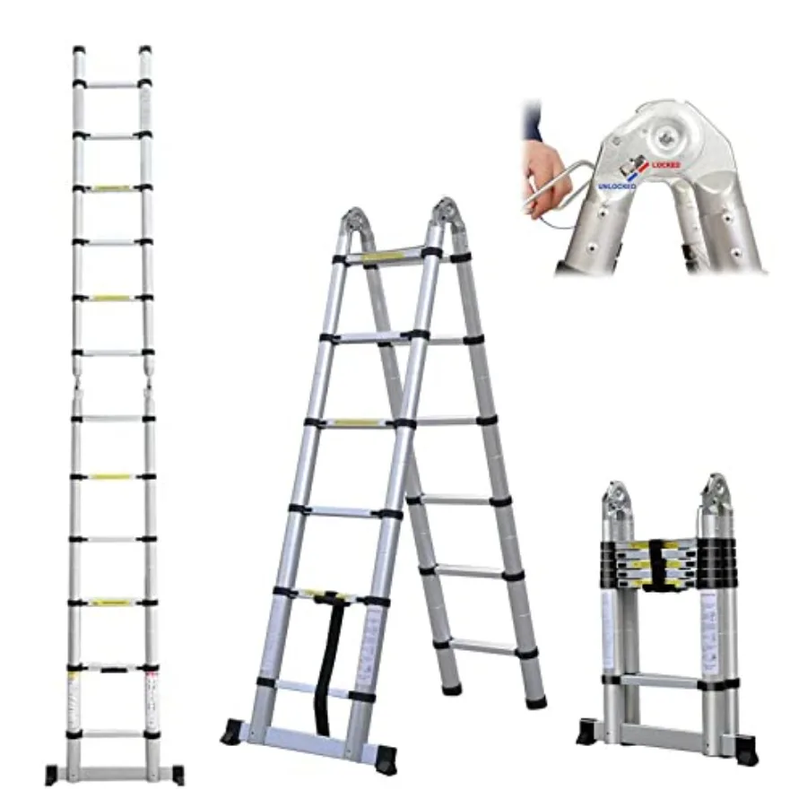 A-Frame Telescoping Ladder 12.5ft 6 + 6 Steps Adjustable Height with Support Bar Anti-Slip Feet, 330lbs Max Load, Folded Height
A-Frame Telescoping Ladder 12.5ft 6 + 6 Steps Adjustable Height with Support Bar Anti-Slip Feet, 330lbs Max Load, Folded Height