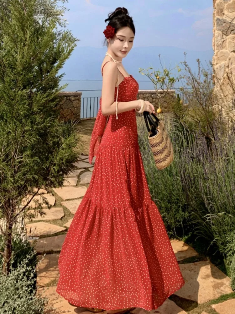 Women Sexy French Polka Dot Sling Dress Summer Sleeveless Lace up Red Retro Backless Pleated Dresses Holiday Beach 2025 Vestidos
Women Sexy French Polka Dot Sling Dress Summer Sleeveless Lace up Red Retro Backless Pleated Dresses Holiday Beach 2025 Vestidos