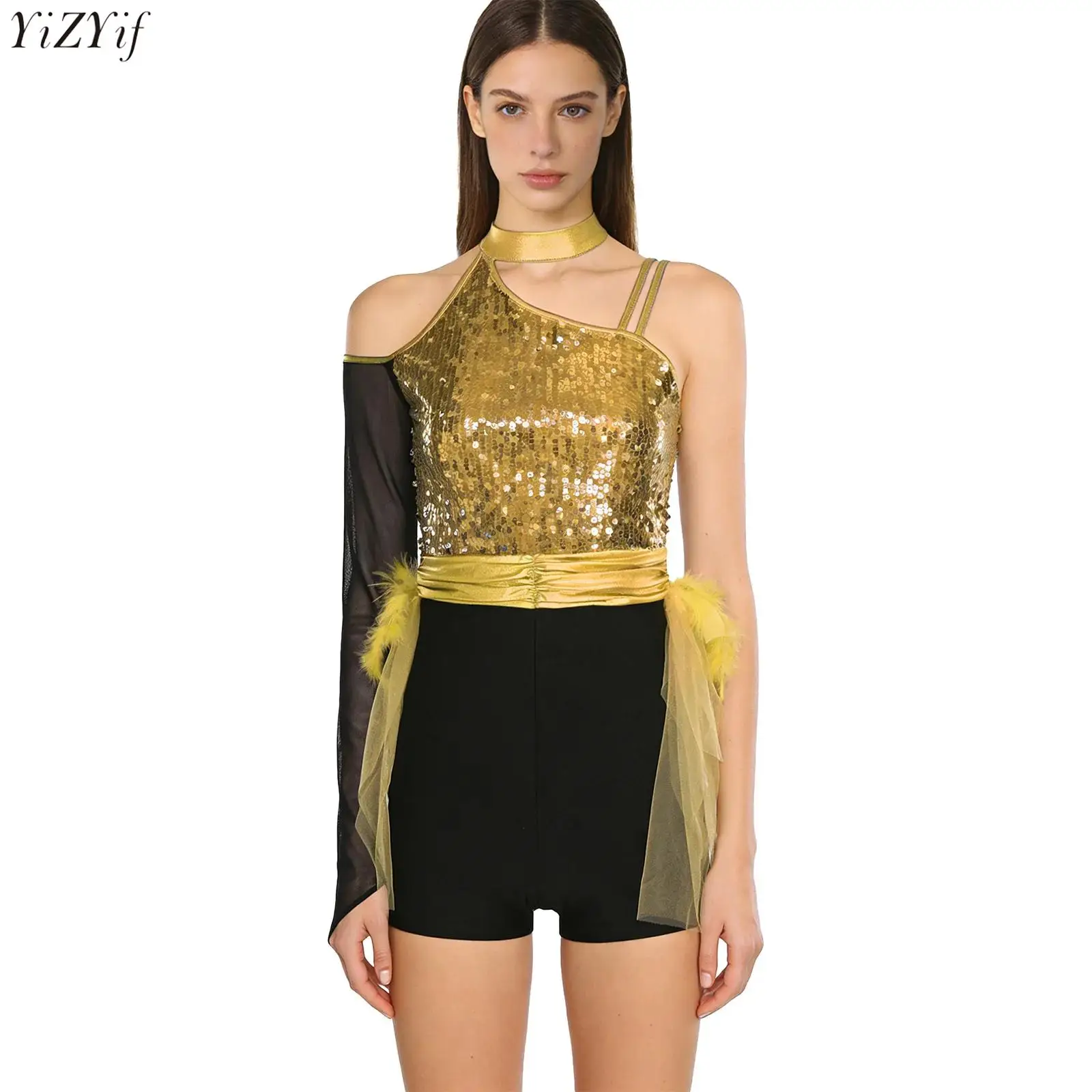 Womens Spanish Dance Bodysuit One Shoulder Long Sleeve Sequined Feather Tiered Tulle Rompers for Jazz Latin Chacha Dance Costume
Womens Spanish Dance Bodysuit One Shoulder Long Sleeve Sequined Feather Tiered Tulle Rompers for Jazz Latin Chacha Dance Costume