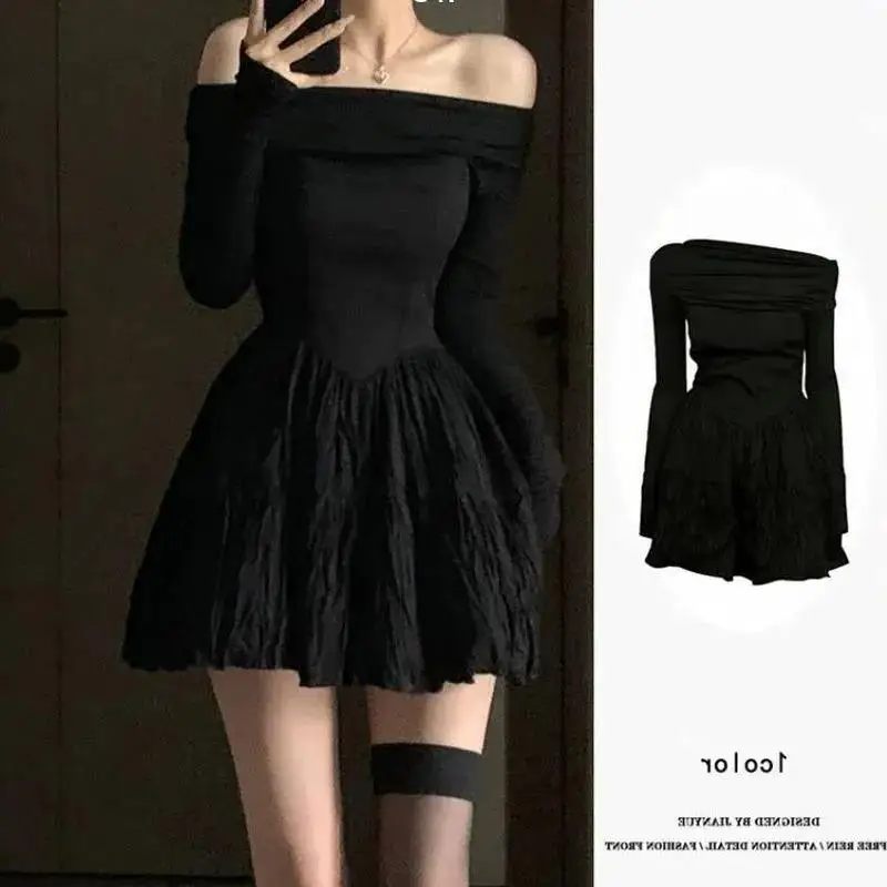 Women's Off Shoulder Niche Slimming Short Dress Elegant Black Design Sense Ruched A Line Long Sleeve Dress Spring Autumn
Women's Off Shoulder Niche Slimming Short Dress Elegant Black Design Sense Ruched A Line Long Sleeve Dress Spring Autumn