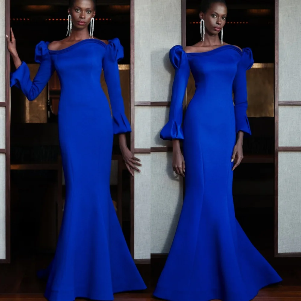 Customized Modern Blue Satin Evening Dress Exquisite Boat Neck Off the Shoulder Long Sleeves Zipper Back Mermaid Cocktail Dress
Customized Modern Blue Satin Evening Dress Exquisite Boat Neck Off the Shoulder Long Sleeves Zipper Back Mermaid Cocktail Dress