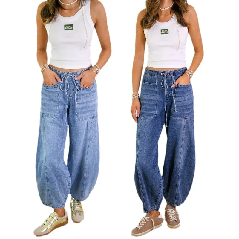 Jeans Denim Pant Women Long Pants Lace Up High Elastic Waist Mom Jeans Straight Trousers Y2k Splice Elegant Streetwear Spring
Jeans Denim Pant Women Long Pants Lace Up High Elastic Waist Mom Jeans Straight Trousers Y2k Splice Elegant Streetwear Spring