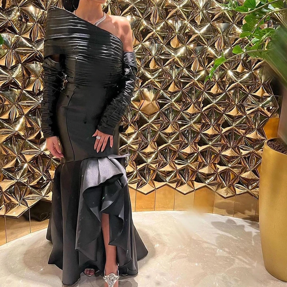 Exquisite Ruched Tiered Boat Neck Ankle Length Mermaid Party Gowns Satin Detachable Sleeve Long Sleeves Vestidos de fiesta
Exquisite Ruched Tiered Boat Neck Ankle Length Mermaid Party Gowns Satin Detachable Sleeve Long Sleeves Vestidos de fiesta