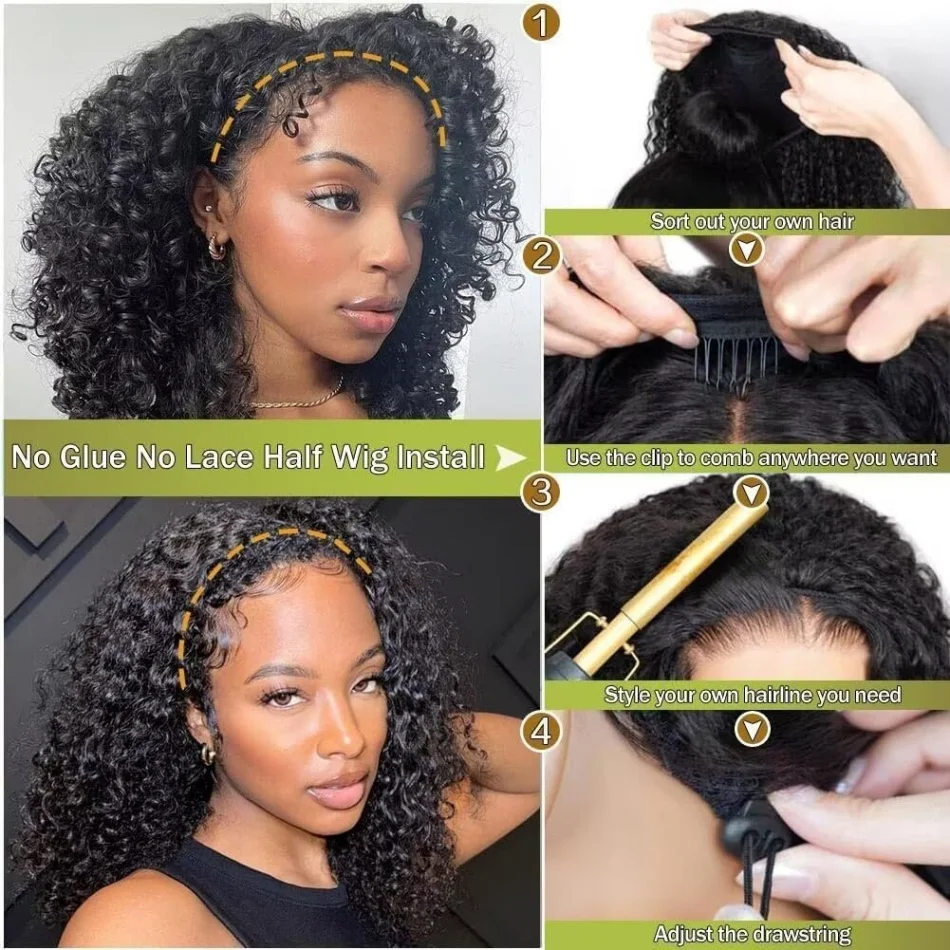 Glueless Wig Headband Wig Kinky Curly Human Hair Half Wig Upgrade 3 IN 1 Half Wig With Drawstring Seamless Clips Wig For Women
Glueless Wig Headband Wig Kinky Curly Human Hair Half Wig Upgrade 3 IN 1 Half Wig With Drawstring Seamless Clips Wig For Women