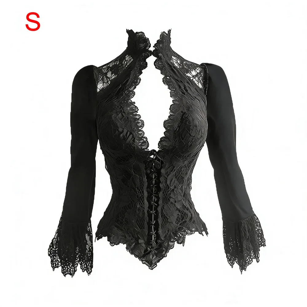 Sexy Design Black Color Goth Blouse Stand Collar Slim Fit Lace Blouse Lace Trim Flare Sleeve Gothic Top Retro Style
Sexy Design Black Color Goth Blouse Stand Collar Slim Fit Lace Blouse Lace Trim Flare Sleeve Gothic Top Retro Style