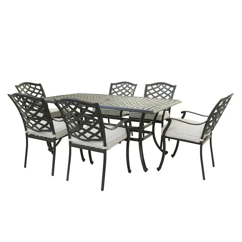 Aluminum 7-Piece Dining Set with 6 Arm Chairs in Cast Silver Finish
Aluminum 7-Piece Dining Set with 6 Arm Chairs in Cast Silver Finish