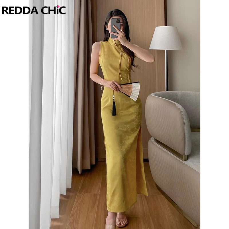 REDDACHiC элегантное женское платье Cheongsam без рукавов с воротником-стойкой и разрезом, жаккардовое тонкое длинное платье миди, официальная одежда в китайском стиле
REDDACHiC элегантное женское платье Cheongsam без рукавов с воротником-стойкой и разрезом, жаккардовое тонкое длинное платье миди, официальная одежда в китайском стиле