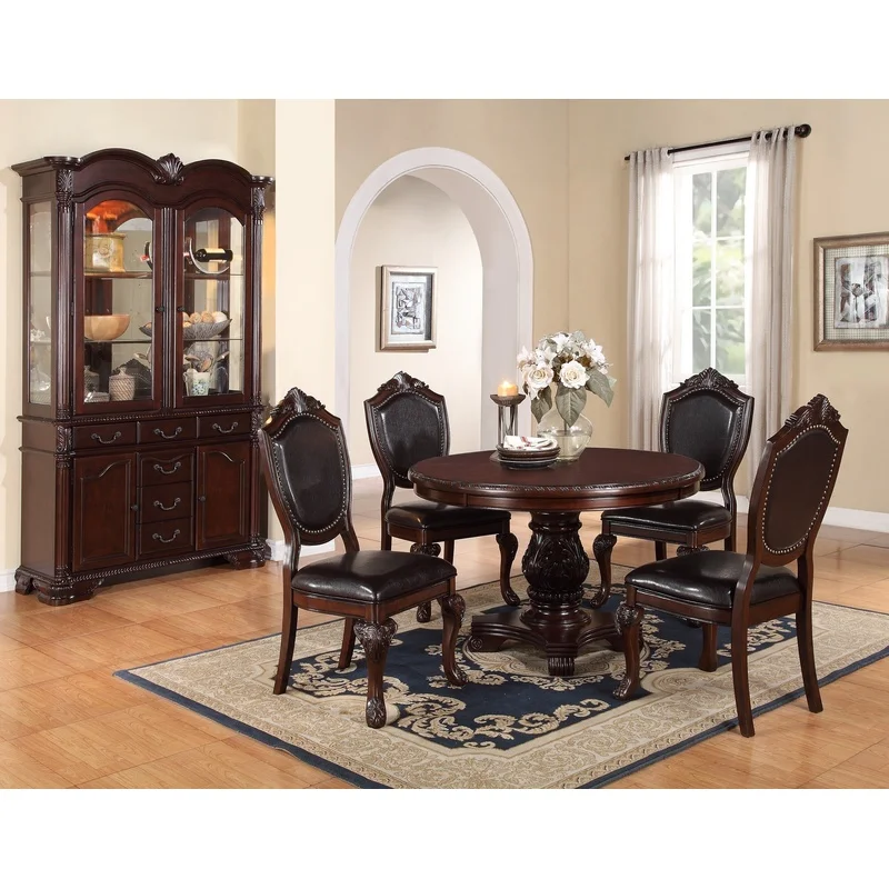 Antique Brown Round Dining Table Set with Pedestal Base and 4 Faux Leather Upholstered Chairs
Antique Brown Round Dining Table Set with Pedestal Base and 4 Faux Leather Upholstered Chairs
