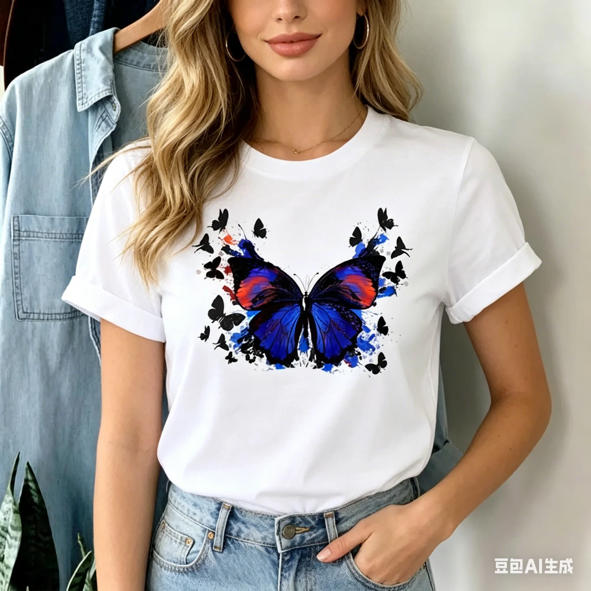 Women's Fashion Color Butterfly Half Sleeve T-shirt round Neck Aesthetic Cartoon Print Summer Top Polyester Fabric
Women's Fashion Color Butterfly Half Sleeve T-shirt round Neck Aesthetic Cartoon Print Summer Top Polyester Fabric