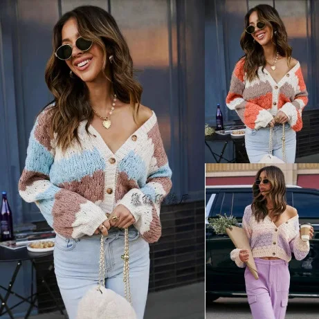 2025 European American Sweaters Cross-border Autumn Winter New Women's Clothing Contrasting Color V-neck Loose Knitted Cardigan
2025 European American Sweaters Cross-border Autumn Winter New Women's Clothing Contrasting Color V-neck Loose Knitted Cardigan