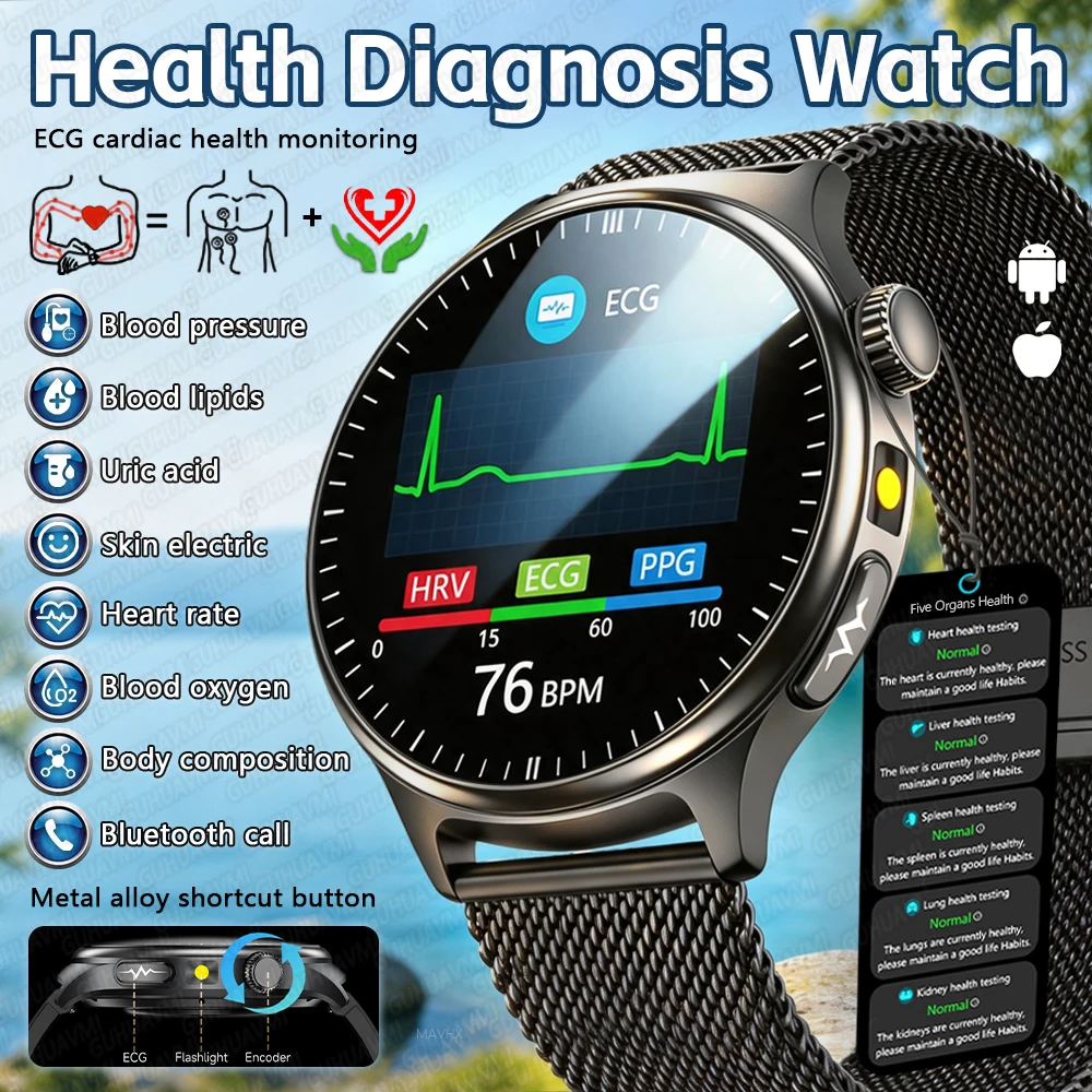 Newly Upgared Precise Health Diagnosis Smart Watch ECG Uric Acid Blood Pressure Micro Physical Examination Clock For Android iOS