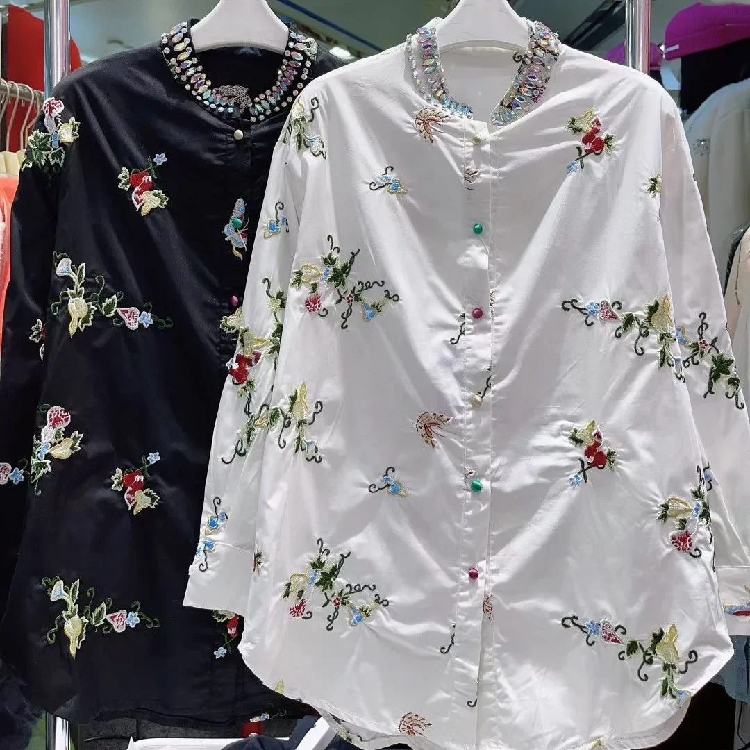 Women Floral Embroidered Diamonds Beaded Shirt Spring Autumn Retro Flowers rhinestones Blouses Turn Down Collar Cardigan Tops
Women Floral Embroidered Diamonds Beaded Shirt Spring Autumn Retro Flowers rhinestones Blouses Turn Down Collar Cardigan Tops