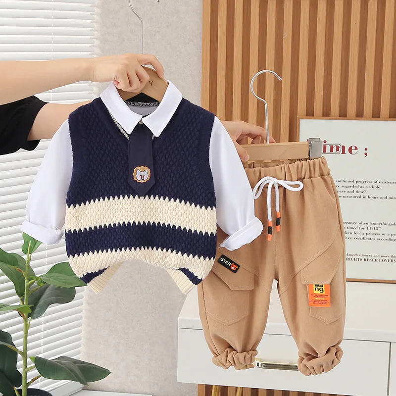 Korean Baby Boy Clothes Set 2023 Spring Autumn Cartoon Striped Knitted Wool Vest White Shirts Pants 3PCS Toddler Boys Outfits
Korean Baby Boy Clothes Set 2023 Spring Autumn Cartoon Striped Knitted Wool Vest White Shirts Pants 3PCS Toddler Boys Outfits
