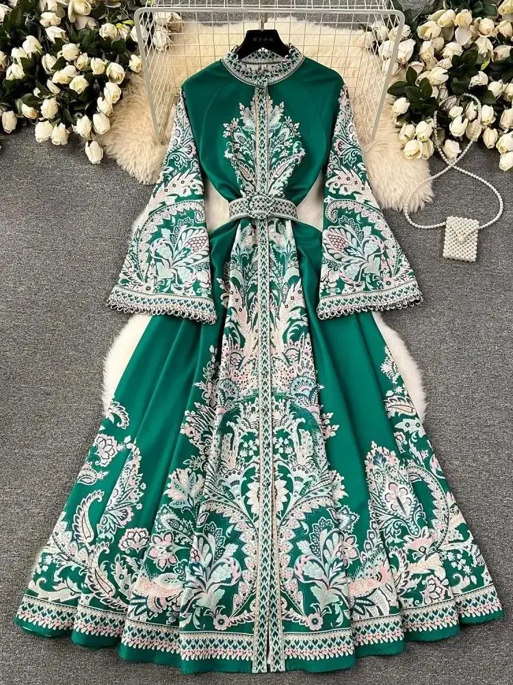 Autumn Fashion Paisley Flower Long Robe Dress Women's Stand Hollow Out Flare Sleeve Belt Single Breasted Bohemian Maxi Vestidos
Autumn Fashion Paisley Flower Long Robe Dress Women's Stand Hollow Out Flare Sleeve Belt Single Breasted Bohemian Maxi Vestidos