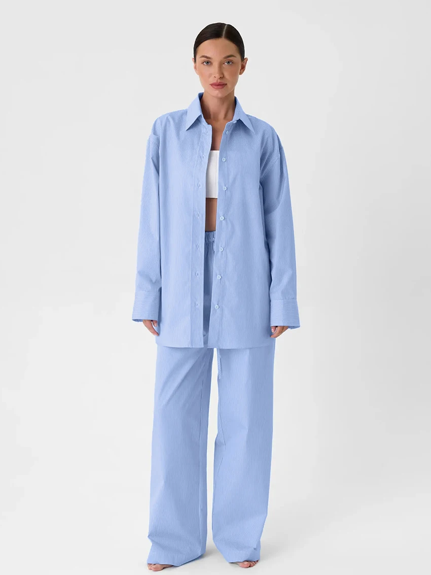Marthaqiqi Striped Female Nightgowns Set Long Sleeve Nightwear Turn-Down Collar Pajama Pants Causal Women Sleepwear 2 Piece Suit
Marthaqiqi Striped Female Nightgowns Set Long Sleeve Nightwear Turn-Down Collar Pajama Pants Causal Women Sleepwear 2 Piece Suit