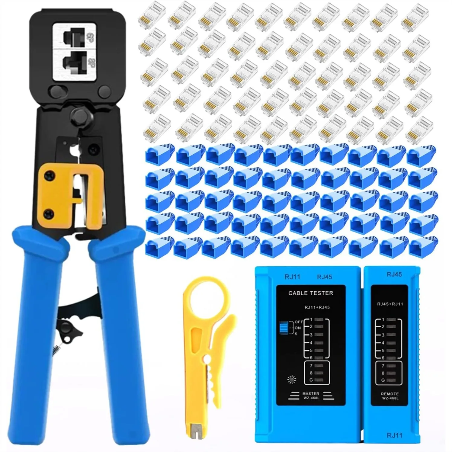 RJ45 Crimping Tool for Cat6 Cat5e Cat5, Pass-Through Crimper with 50PCS Connectors, Covers, Wire Stripper & Network Cable Tester
RJ45 Crimping Tool for Cat6 Cat5e Cat5, Pass-Through Crimper with 50PCS Connectors, Covers, Wire Stripper & Network Cable Tester
