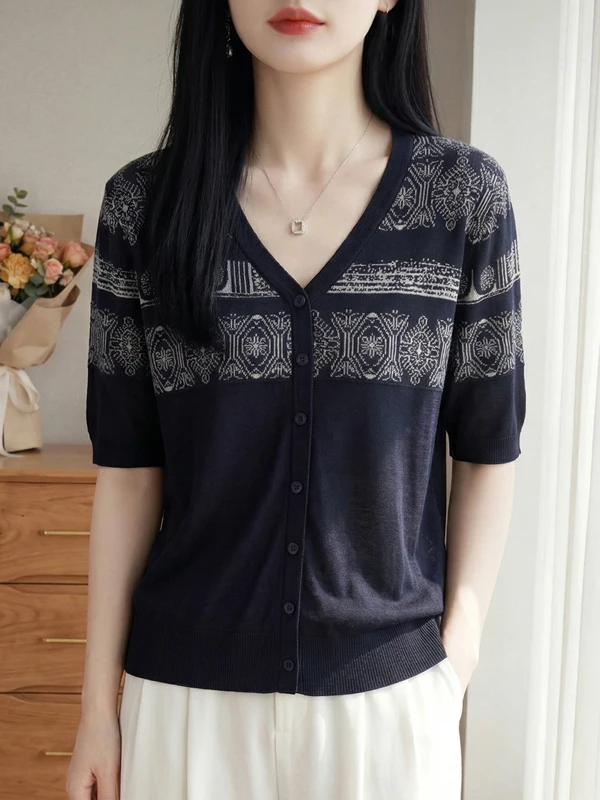 Retro V-Neck Geometric Pattern Thin Short Sleeve Knitted Open Cardigan Half Sleeve T-Shirt Women's Light Blue Button Top
Retro V-Neck Geometric Pattern Thin Short Sleeve Knitted Open Cardigan Half Sleeve T-Shirt Women's Light Blue Button Top