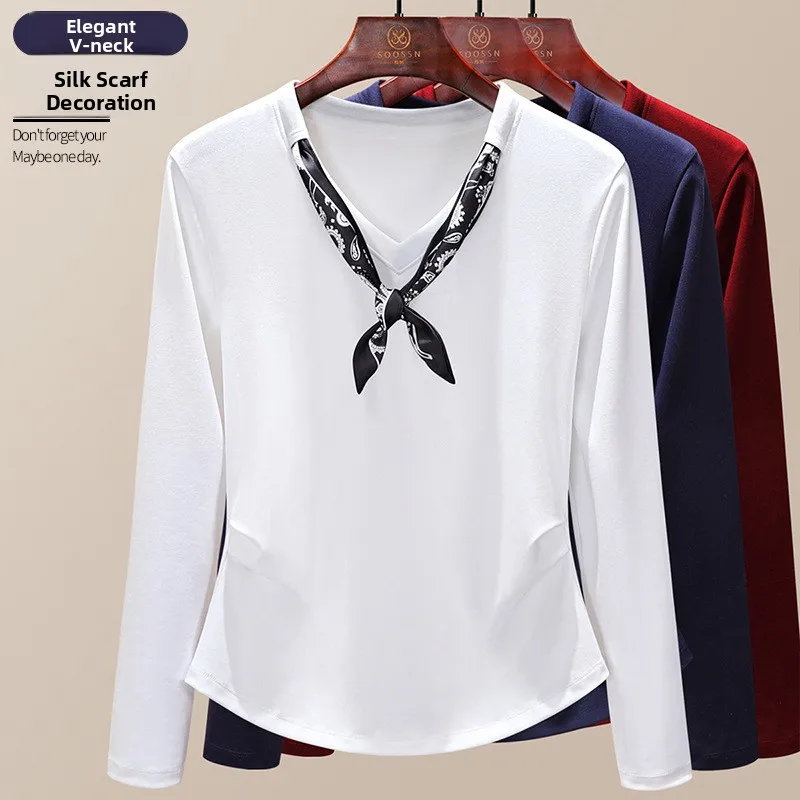 White V-Neck Long Sleeve Women's T-Shirt Silk Scarf Design Early Autumn Fashionable Personality Top Soossn Ladies Premium Wear
White V-Neck Long Sleeve Women's T-Shirt Silk Scarf Design Early Autumn Fashionable Personality Top Soossn Ladies Premium Wear