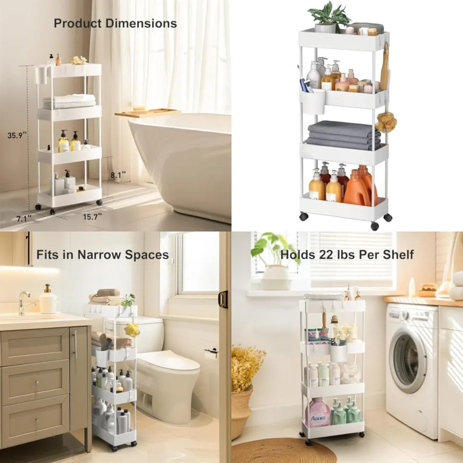 Slim Storage Cart with Wheels, 4 Tier Bathroom Storage Organizer Rolling Utility Cart for Bathroom Kitchen Laundry Room Office
Slim Storage Cart with Wheels, 4 Tier Bathroom Storage Organizer Rolling Utility Cart for Bathroom Kitchen Laundry Room Office
