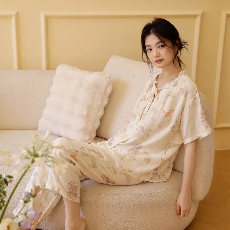 70% Bamboo Cotton 30% Cotton Women Pajama Set Cute Cartoon Print Loose Sleepwear Ruffle Collar & Tie Short Sleeve Shirt & Pants
70% Bamboo Cotton 30% Cotton Women Pajama Set Cute Cartoon Print Loose Sleepwear Ruffle Collar & Tie Short Sleeve Shirt & Pants
