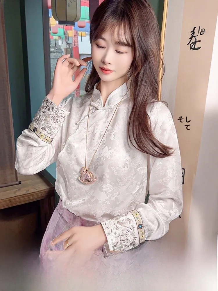New Chinese Style White Silk Shirt Women Spring 2026 Embroidery Heavy Work Long Sleeve Stand Collar Traditional Chinese Butto...
New Chinese Style White Silk Shirt Women Spring 2026 Embroidery Heavy Work Long Sleeve Stand Collar Traditional Chinese Butto...