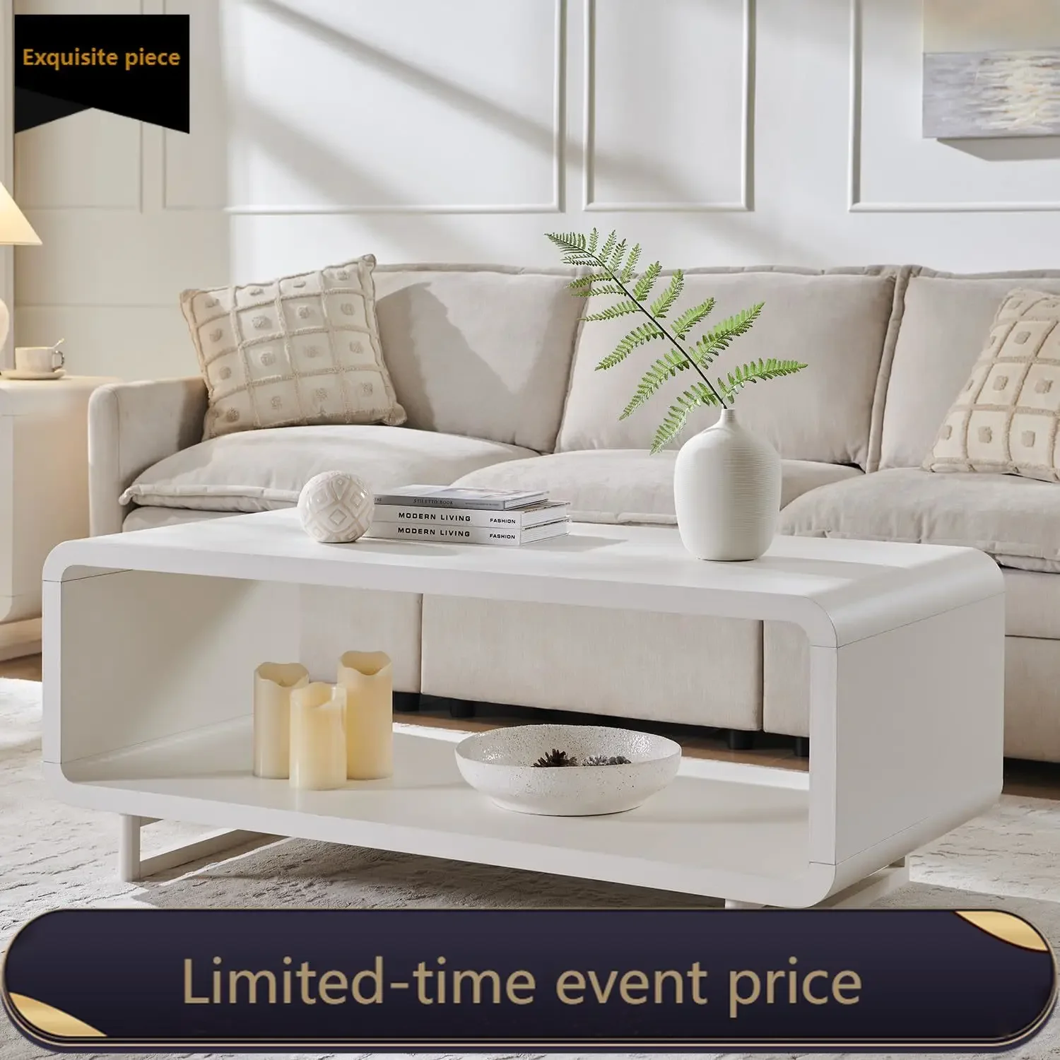 White 48 Inch Two Tier Modern Minimalist Coffee Table Storage Shelf Curved Profile Thick Wooden Living Room Office Table
White 48 Inch Two Tier Modern Minimalist Coffee Table Storage Shelf Curved Profile Thick Wooden Living Room Office Table