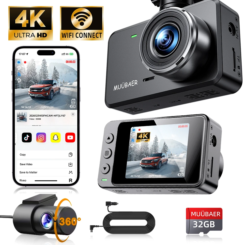 4K Front Rear Dash Cam, 2" IPS Screen, WiFi, 360° Rear View, Night Vision, Loop Recording, Parking Monitor, Free 32GB Card
4K Front Rear Dash Cam, 2" IPS Screen, WiFi, 360° Rear View, Night Vision, Loop Recording, Parking Monitor, Free 32GB Card