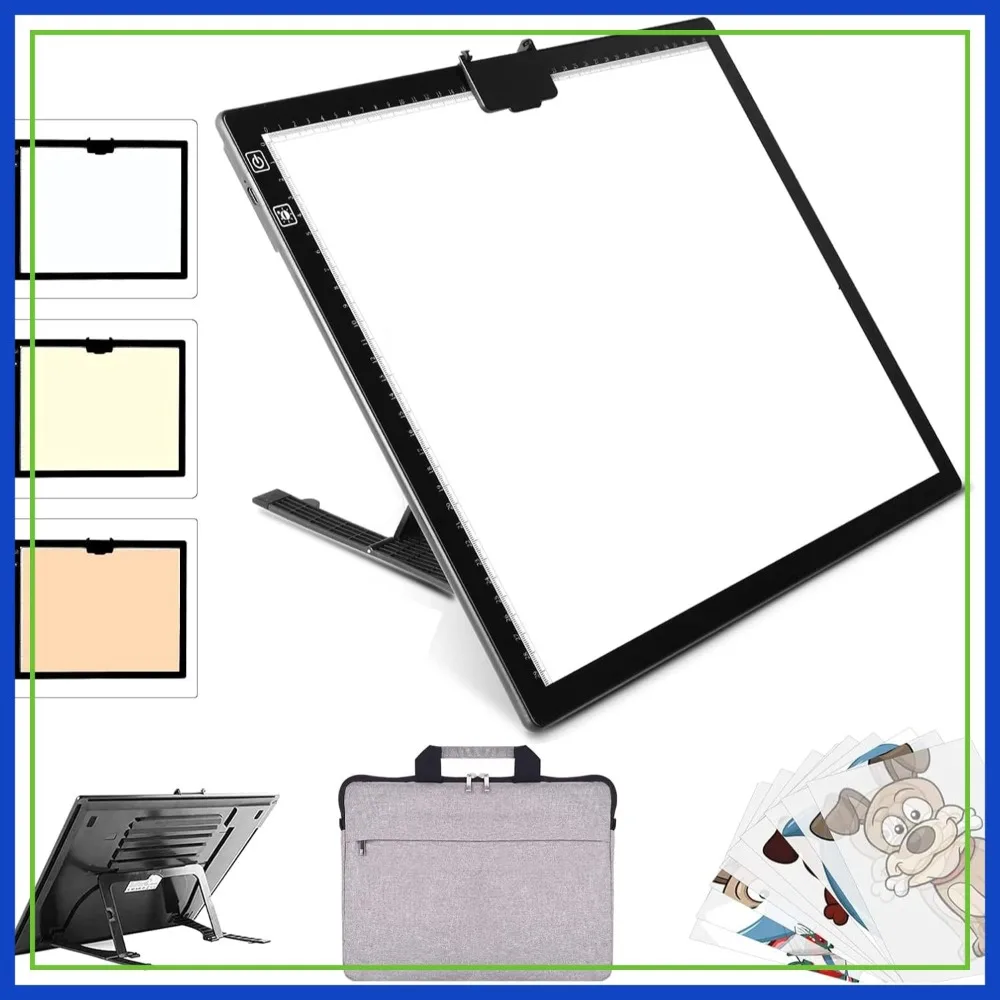 Rechargeable A3 LED Light Pad with Carry Bag, Adjustable Brightness, 3 Colors, Built-in Stand, 2500mAh Battery, Magnetic Clip for Tracing & Diamond Painting
Rechargeable A3 LED Light Pad with Carry Bag, Adjustable Brightness, 3 Colors, Built-in Stand, 2500mAh Battery, Magnetic Clip for Tracing & Diamond Painting