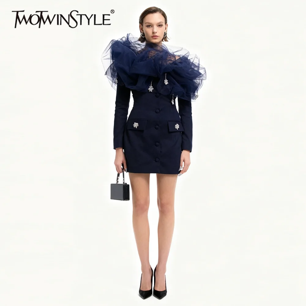 TWOTWINSTYLE Solid Spliced Mesh Fashion Mini Dresses for Women Diagonal Collar Long Sleeves Tunic Patchwork Bead Dress Female
TWOTWINSTYLE Solid Spliced Mesh Fashion Mini Dresses for Women Diagonal Collar Long Sleeves Tunic Patchwork Bead Dress Female