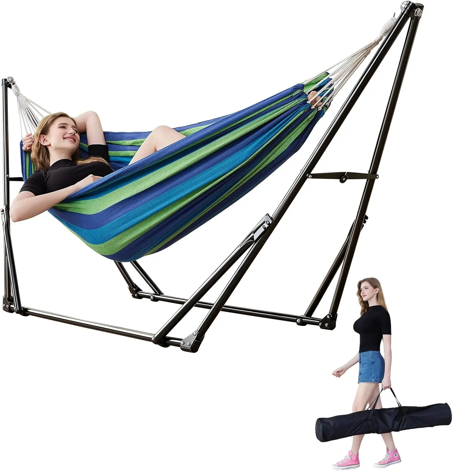 Portable Hammock with Stand, 616 lbs Capacity, Tool-Free Assembly, Adjustable Tension, Carry Bag Included for Garden, Yard, Indoor & Outdoor Use
Portable Hammock with Stand, 616 lbs Capacity, Tool-Free Assembly, Adjustable Tension, Carry Bag Included for Garden, Yard, Indoor & Outdoor Use