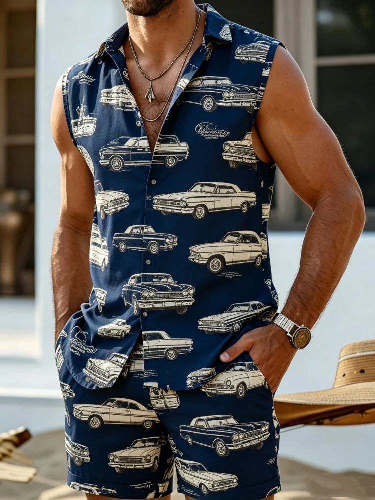 Men's Sleeveless Button-Down Shirt & Shorts Set, Loose Comfort Vintage Car Print Casual Summer Outfit
Men's Sleeveless Button-Down Shirt & Shorts Set, Loose Comfort Vintage Car Print Casual Summer Outfit