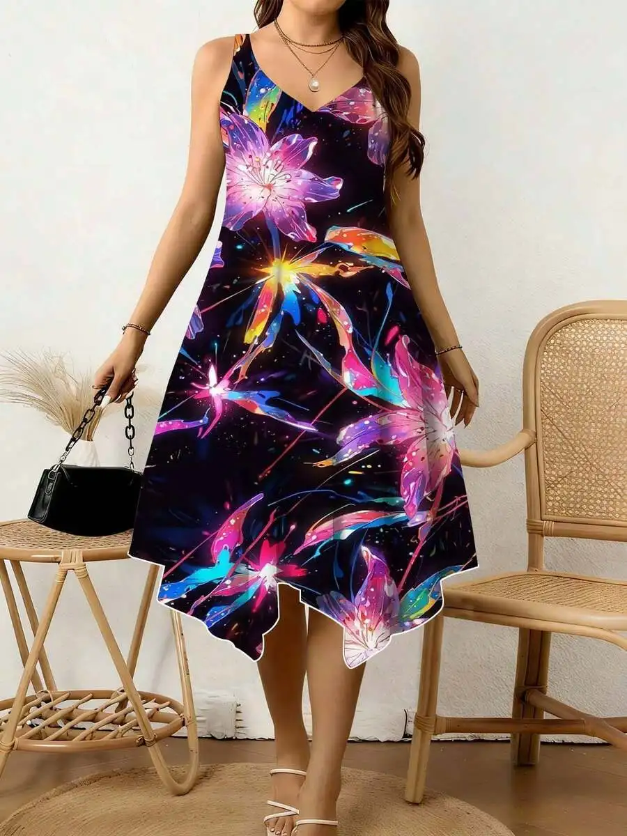 Women V Neck Irregular Hem Dress Cosmic Flower Print Neon Colors Summer Beach Festival Casual
Women V Neck Irregular Hem Dress Cosmic Flower Print Neon Colors Summer Beach Festival Casual
