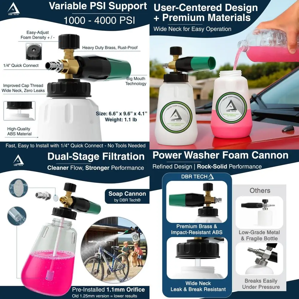 Foam Cannon for Pressure Washer, 1.1mm Orifice, 1000-4000 PSI, 1/4 Inch Quick Connector, Wide Neck and Adjustable Spray, Heavy D
Foam Cannon for Pressure Washer, 1.1mm Orifice, 1000-4000 PSI, 1/4 Inch Quick Connector, Wide Neck and Adjustable Spray, Heavy D