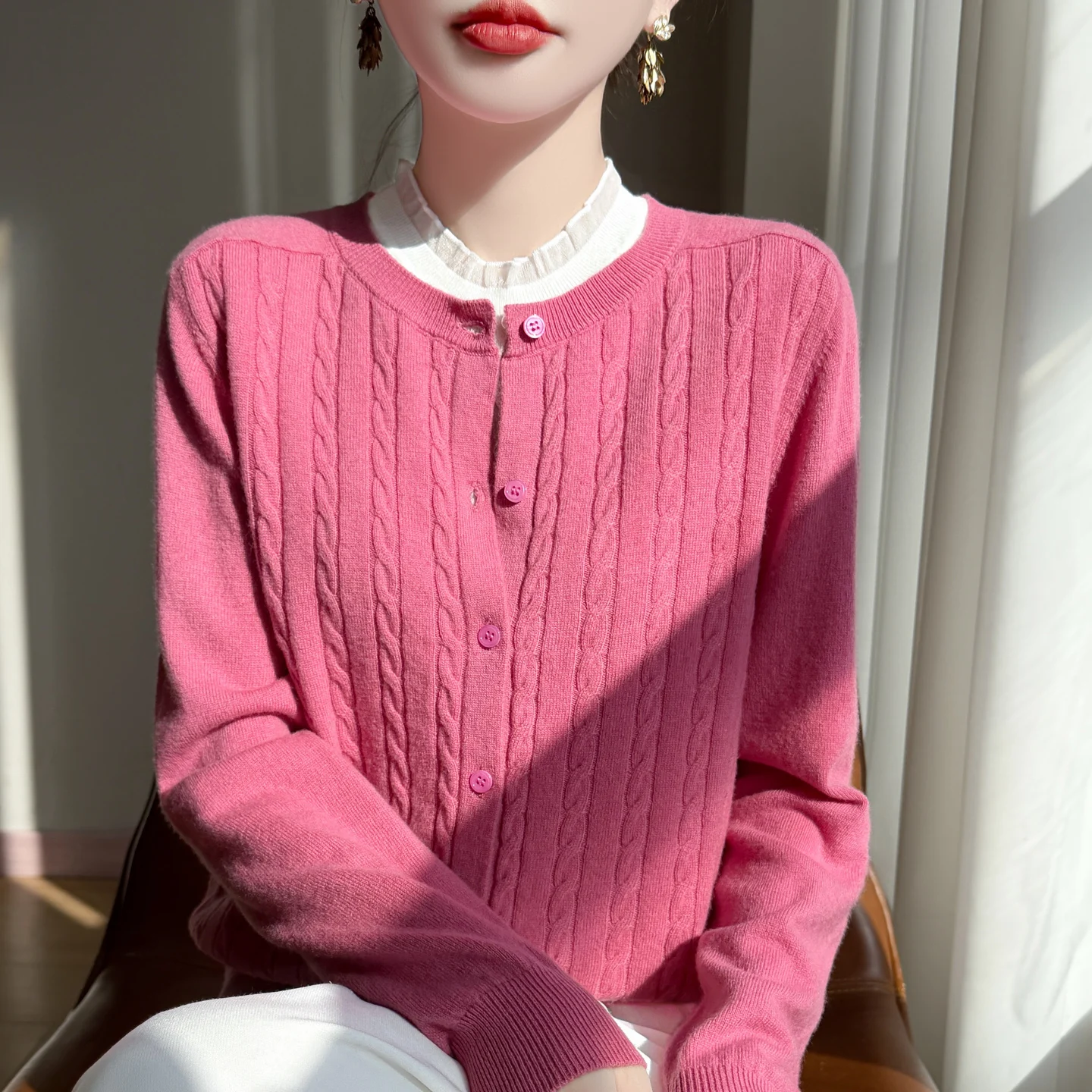 Women100% Merino Wool O-neck Wool Cardigan Autumn Winter Cashmere Sweater Cable Knitting Hollow Out Long Sleeve Sweater Knitted
Women100% Merino Wool O-neck Wool Cardigan Autumn Winter Cashmere Sweater Cable Knitting Hollow Out Long Sleeve Sweater Knitted