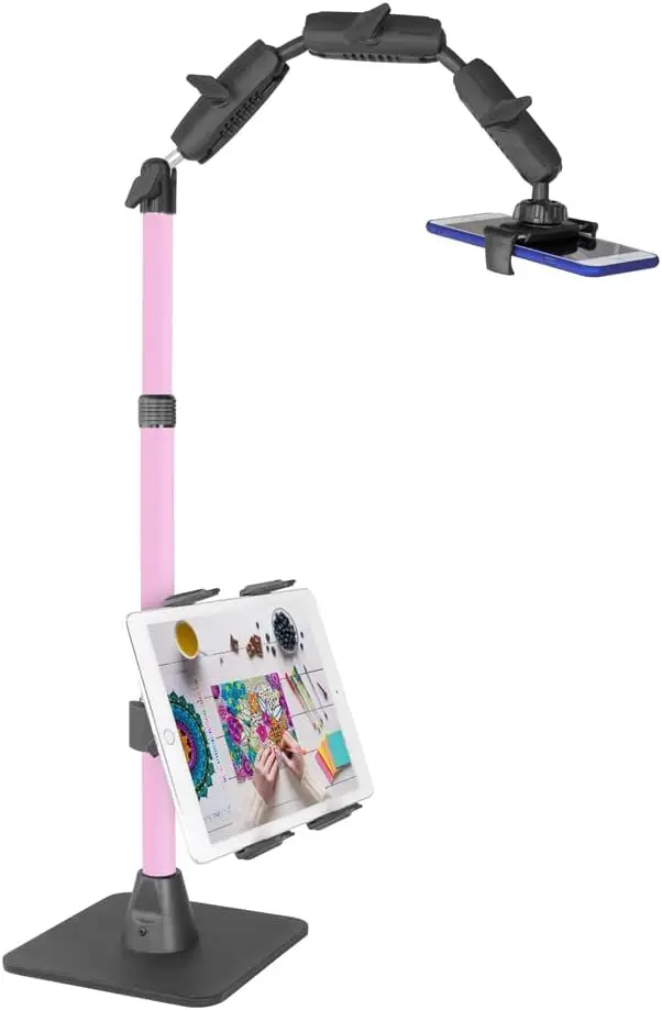 Phone & Tablet Mount for Content Creation with LED Ring Light, Pink Extension Pole, Overhead Filming, Live Streaming
Phone & Tablet Mount for Content Creation with LED Ring Light, Pink Extension Pole, Overhead Filming, Live Streaming