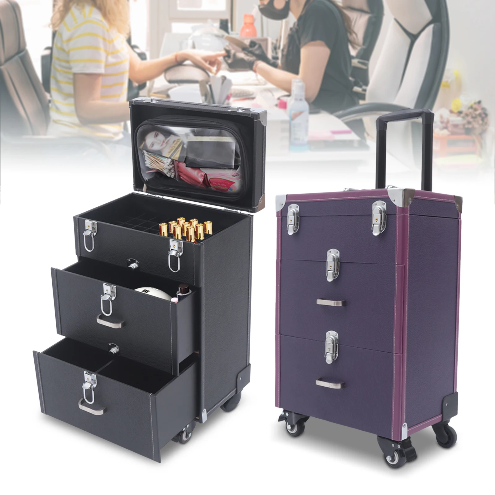 Makeup Train Case Rolling Makeup Trolley Case Nail Polish Organizer Jewelry Travel Cosmetic w/ 4 Wheels Purple/Black
Makeup Train Case Rolling Makeup Trolley Case Nail Polish Organizer Jewelry Travel Cosmetic w/ 4 Wheels Purple/Black
