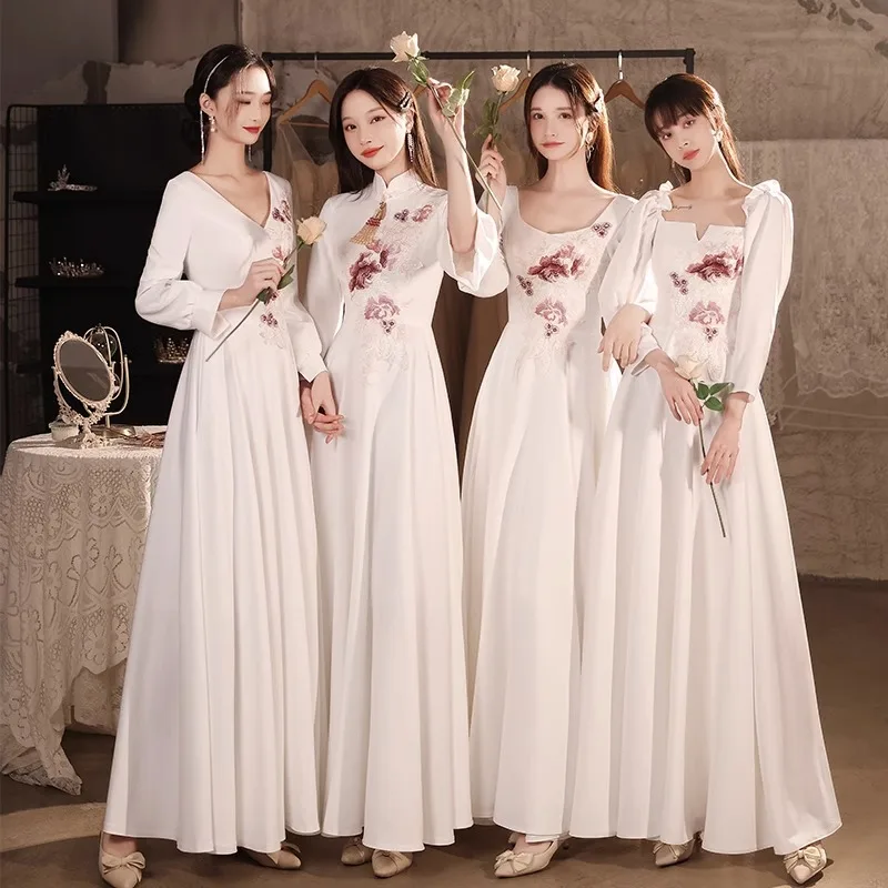 Chinese Style Floral Bridesmaid Dress New Autumn Sisters Group Wedding Dress Women's White Long Sleeved Print Evening Dresses
Chinese Style Floral Bridesmaid Dress New Autumn Sisters Group Wedding Dress Women's White Long Sleeved Print Evening Dresses