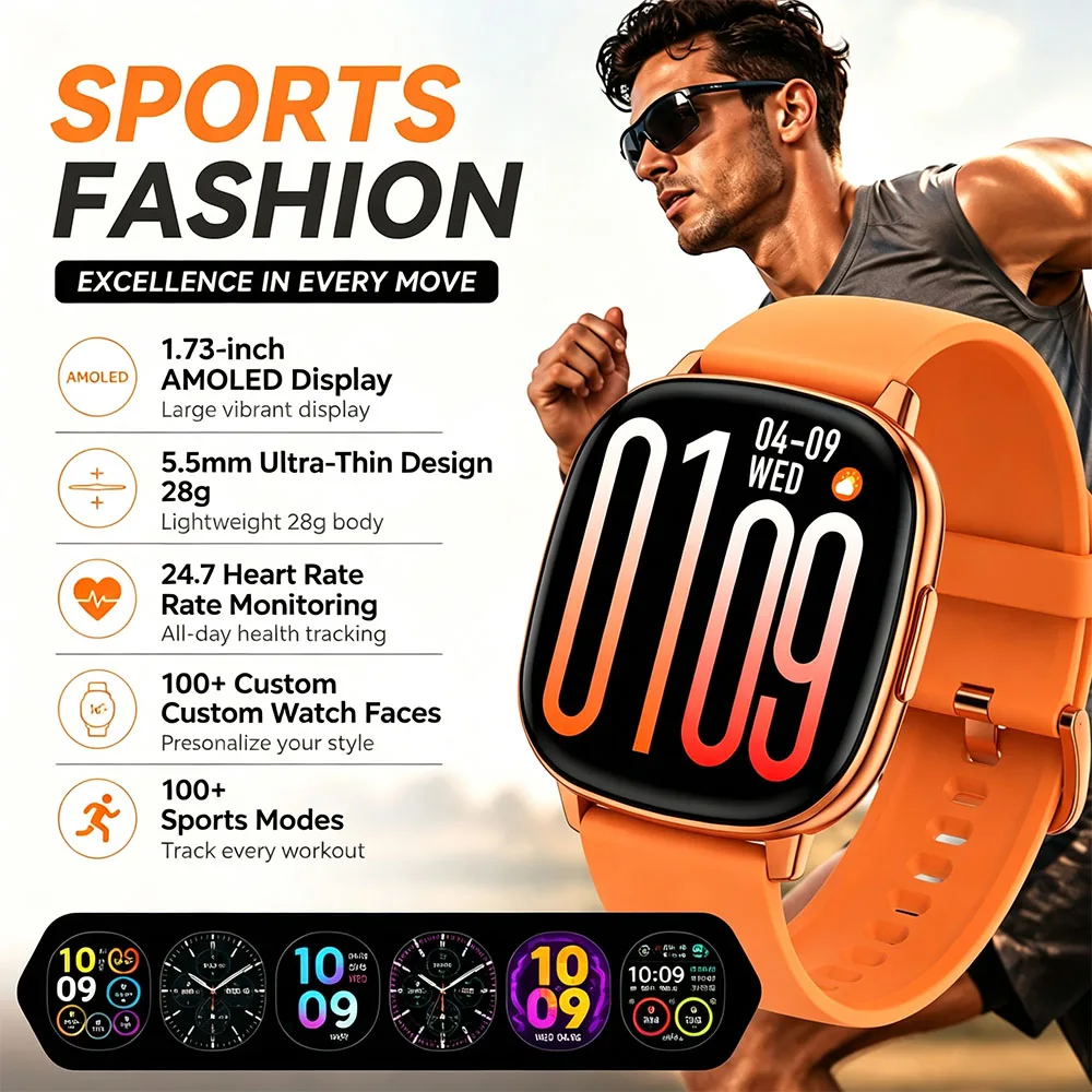 2026 New Fashion Smartwatch 1.73 AMOLED Screen 100+ Sports Modes Heart Rate Music BT Call Watches 28g Smart Watch Men Women
2026 New Fashion Smartwatch 1.73 AMOLED Screen 100+ Sports Modes Heart Rate Music BT Call Watches 28g Smart Watch Men Women