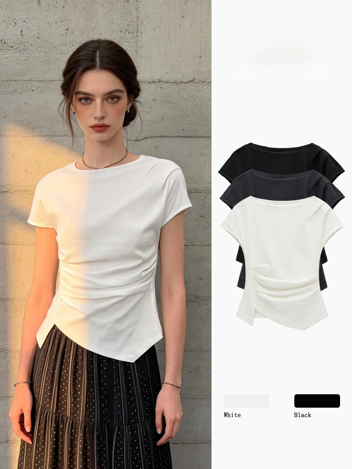 Elegant White Pleated T-Shirt Women's Summer Slimming Waist Design Commute round Neck Short Sleeve Top Fashionable Minimalist...
Elegant White Pleated T-Shirt Women's Summer Slimming Waist Design Commute round Neck Short Sleeve Top Fashionable Minimalist...