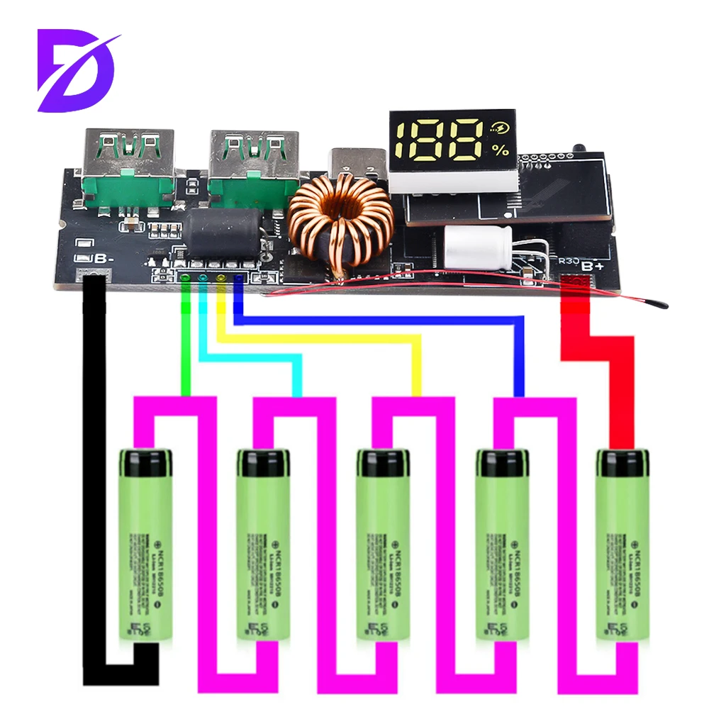 QC4.0 QC3.0 LED Dual USB PD Fast Charge 5A 100W Micro/Type-C USB Mobile Power Bank 18650 Charging Module Temperature Protection
QC4.0 QC3.0 LED Dual USB PD Fast Charge 5A 100W Micro/Type-C USB Mobile Power Bank 18650 Charging Module Temperature Protection