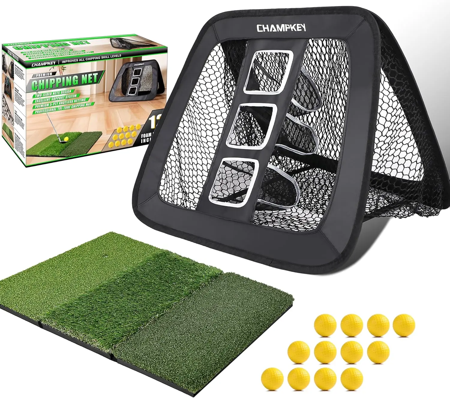 Double Sided Golf Chipping Net with Tri-Turf Mat & 12 Foam Balls - 5 Ply-Knotless Netting for Indoor/Outdoor Training
Double Sided Golf Chipping Net with Tri-Turf Mat & 12 Foam Balls - 5 Ply-Knotless Netting for Indoor/Outdoor Training