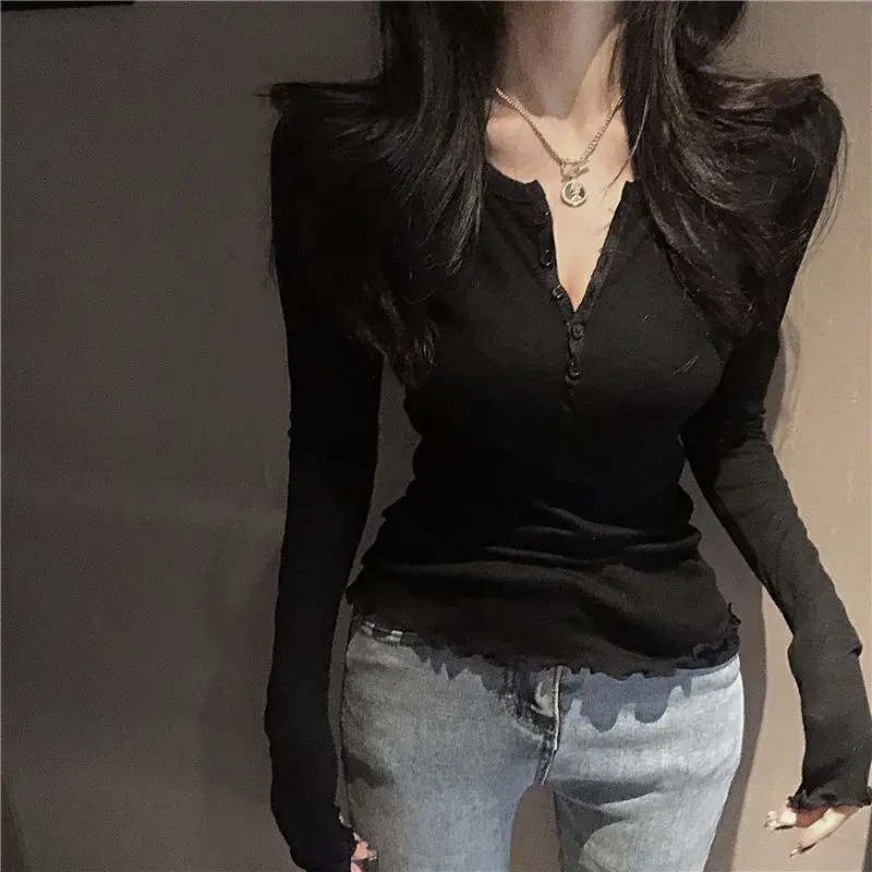Women's T Shirt V Neck Slim Thin Spring Sexy Long Sleeve Edible Tree Fungus Tops Femme White Black Fashion T-Shirts Tees Female
Women's T Shirt V Neck Slim Thin Spring Sexy Long Sleeve Edible Tree Fungus Tops Femme White Black Fashion T-Shirts Tees Female