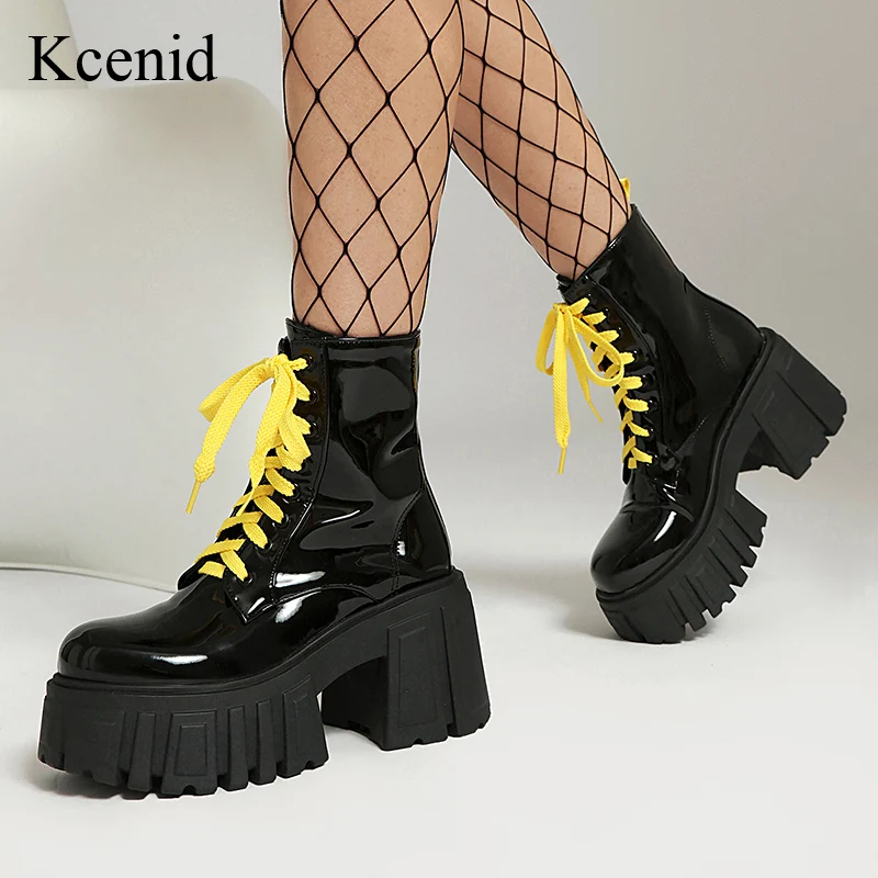 Kcenid Women's Patent Leather Shoes Bright Yellow Lace-up Gothic Boots Chunky High Heels Platform Winter Shoes Plus Size 42 43 
Kcenid Women's Patent Leather Shoes Bright Yellow Lace-up Gothic Boots Chunky High Heels Platform Winter Shoes Plus Size 42 43
