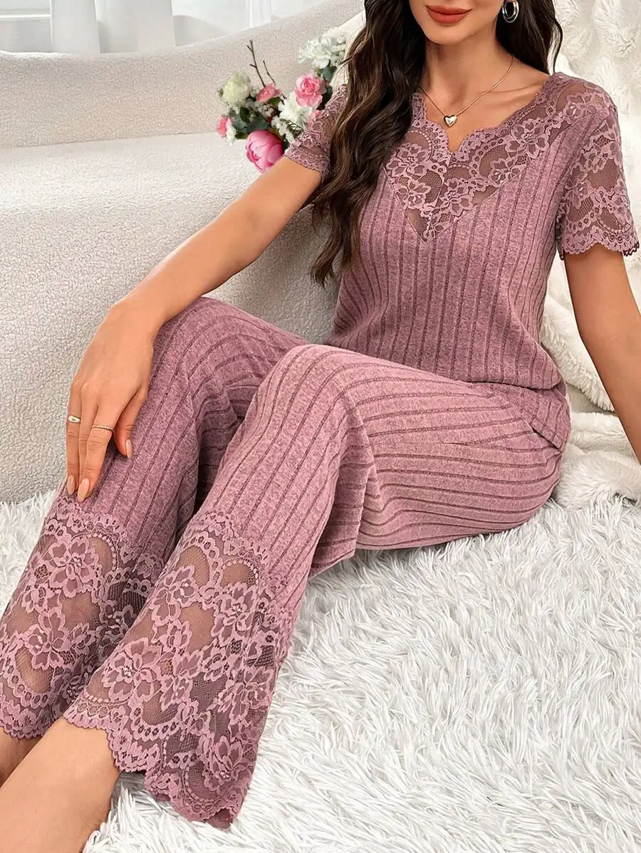 Lace Trim Knitted Rib Solid Color Short Sleeve Pajama Set For Women
Lace Trim Knitted Rib Solid Color Short Sleeve Pajama Set For Women