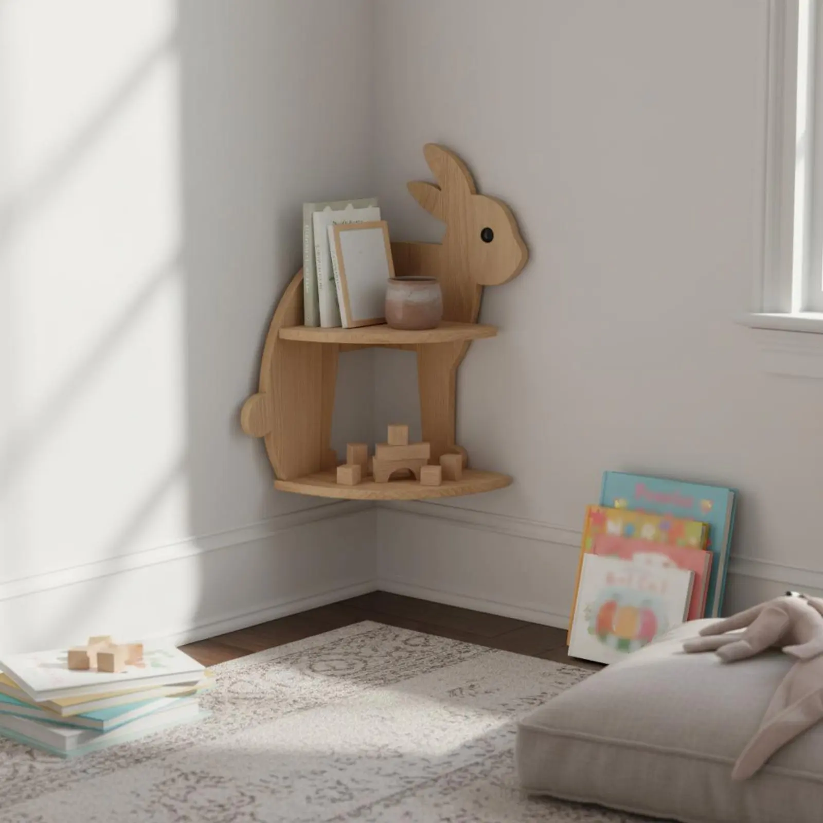 Rabbit Corner Shelf Space Saving Bunny Storage Rack Wooden Corner Organizer Modern Design Sturdy Construction for Children
Rabbit Corner Shelf Space Saving Bunny Storage Rack Wooden Corner Organizer Modern Design Sturdy Construction for Children
