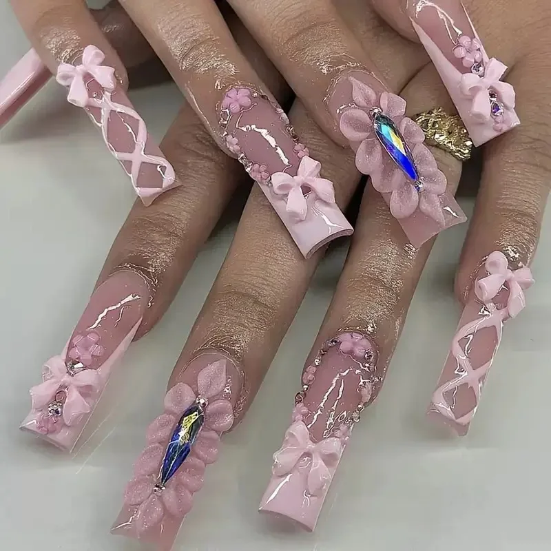 24pcs Fashion Flower Fake Nails Pink Long Square False Nail Bow Diamond Design Press on Nails Wearable French Manicure Finished
24pcs Fashion Flower Fake Nails Pink Long Square False Nail Bow Diamond Design Press on Nails Wearable French Manicure Finished
