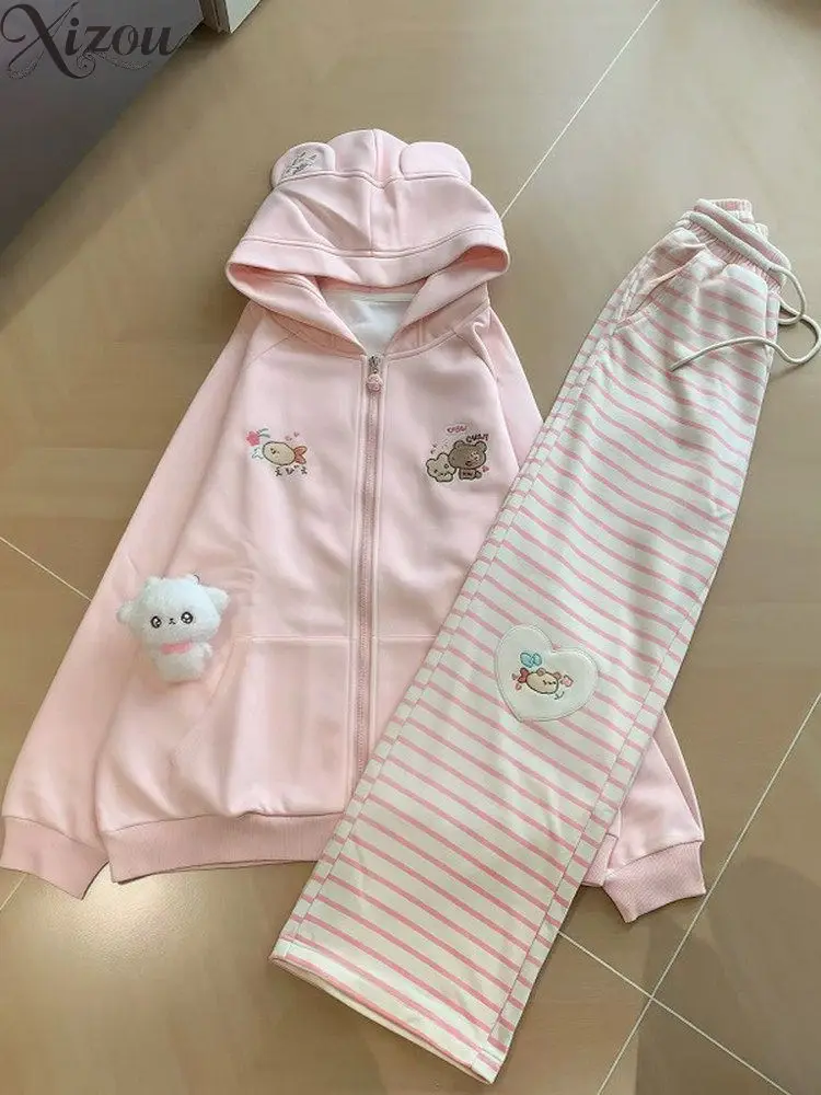 Bear Ear Hoodie Winter Loose Outerwear Y2K Straight Pants Two Piece Set Striped Full Length Casual Zip High Waist Summer Women
Bear Ear Hoodie Winter Loose Outerwear Y2K Straight Pants Two Piece Set Striped Full Length Casual Zip High Waist Summer Women