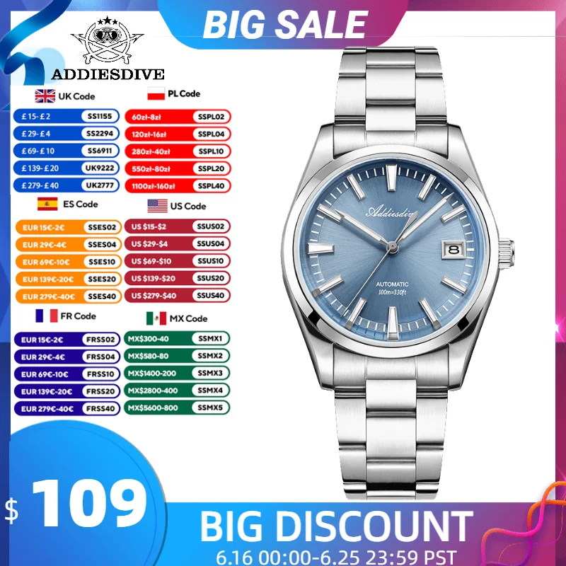 ADDIESDIVE Automatic Watch for Men AR Coated Domed Glass 100m Waterproof Luminous Men Wristwatch NH35 Mechanical Men Watches New
ADDIESDIVE Automatic Watch for Men AR Coated Domed Glass 100m Waterproof Luminous Men Wristwatch NH35 Mechanical Men Watches New